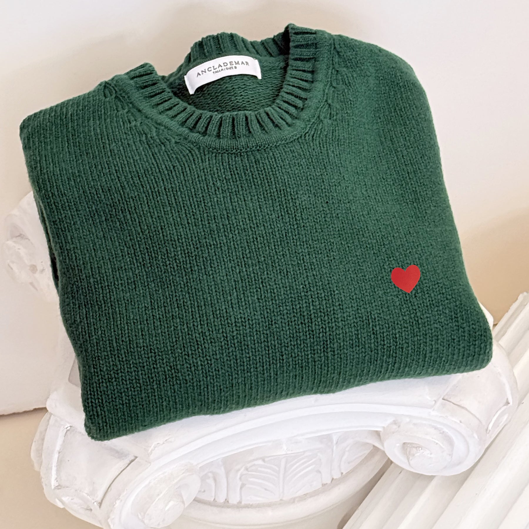 Merino Wool Seater Green. Heart Embroidered