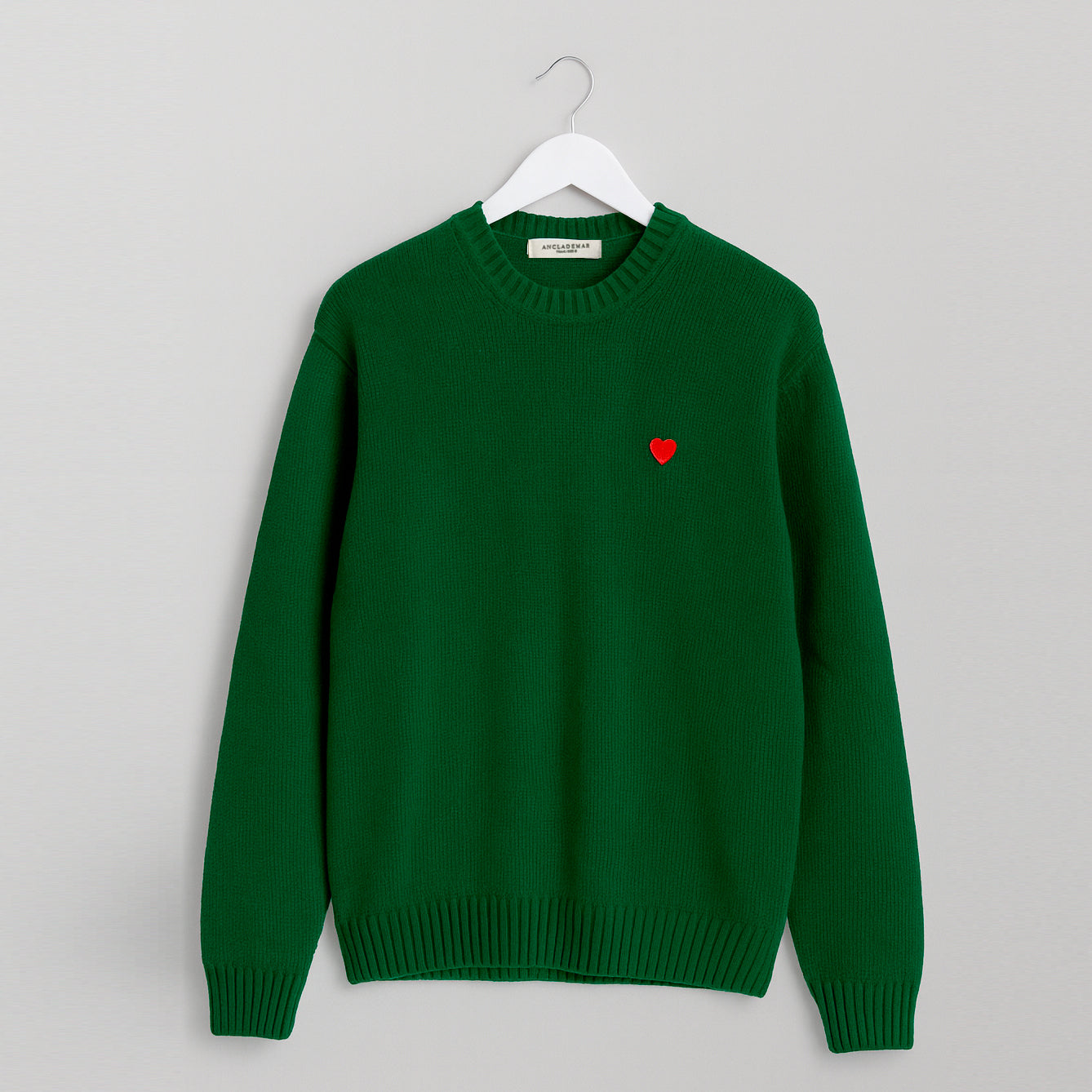 Merino Wool Seater Green. Heart Embroidered