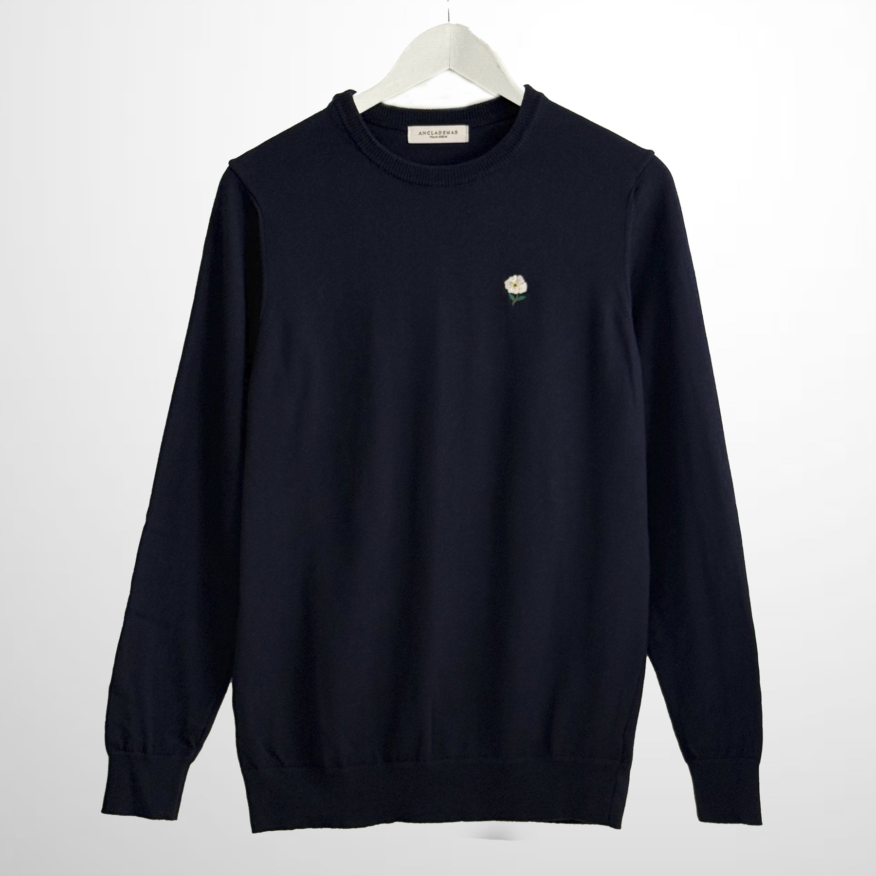 Navy Cotton Wool Sweater. Flower Embroidered
