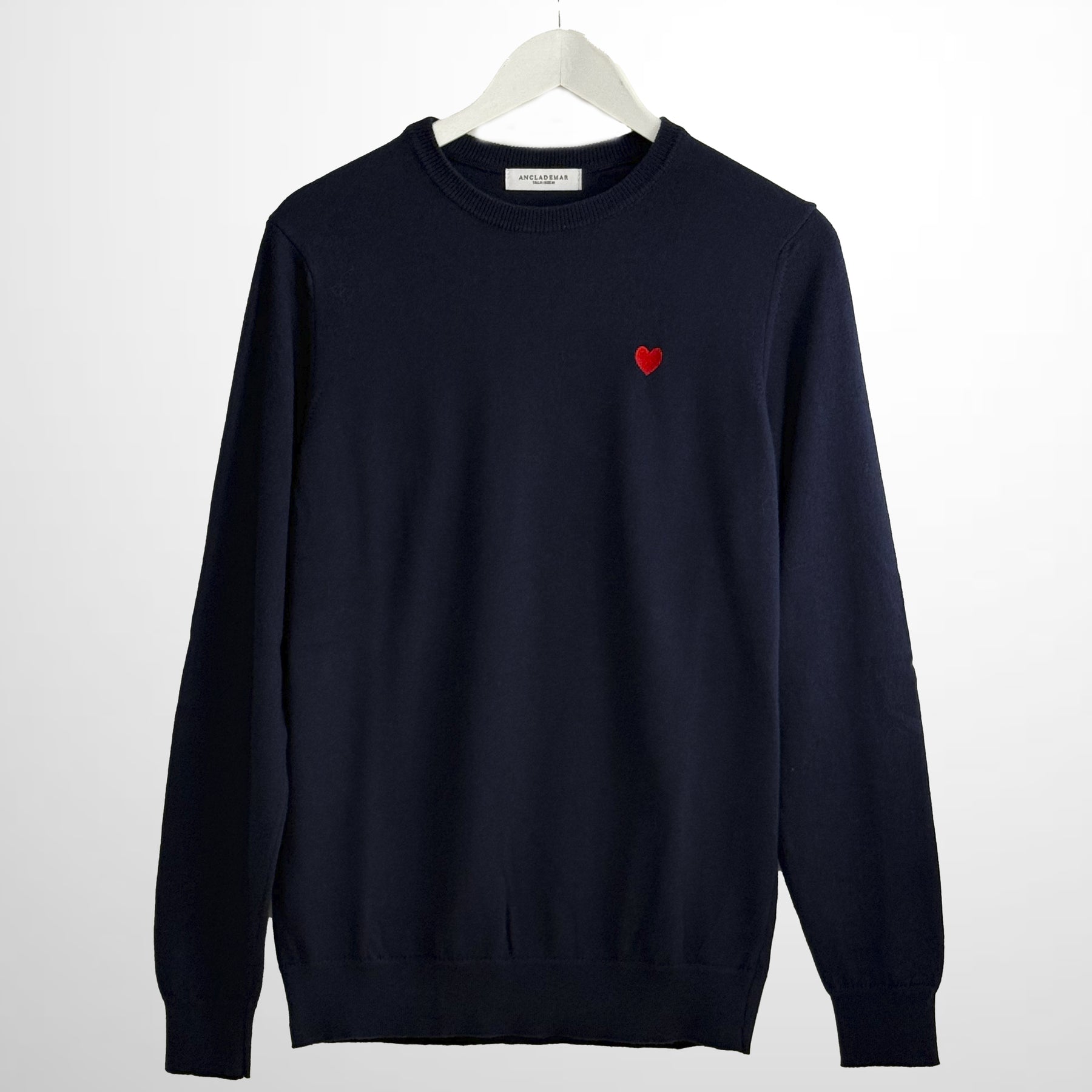 Navy Cotton Wool Sweater. Heart Embroidered