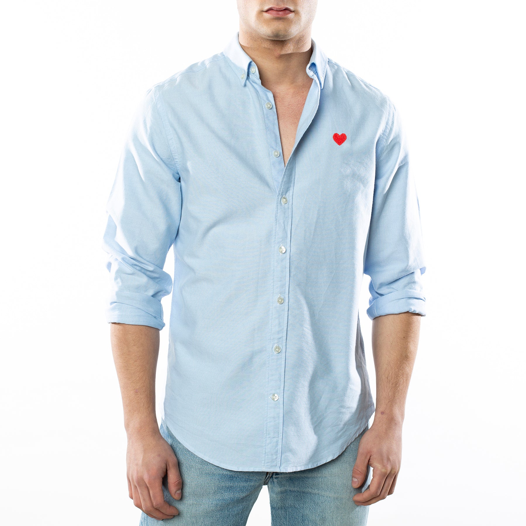 Heart Embroidered Blue Oxford Shirt
