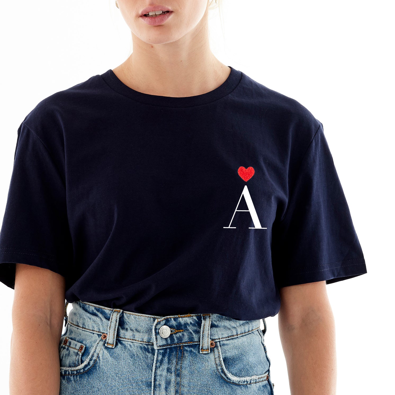 Personalized Heart Embroidered Navy T-Shirt