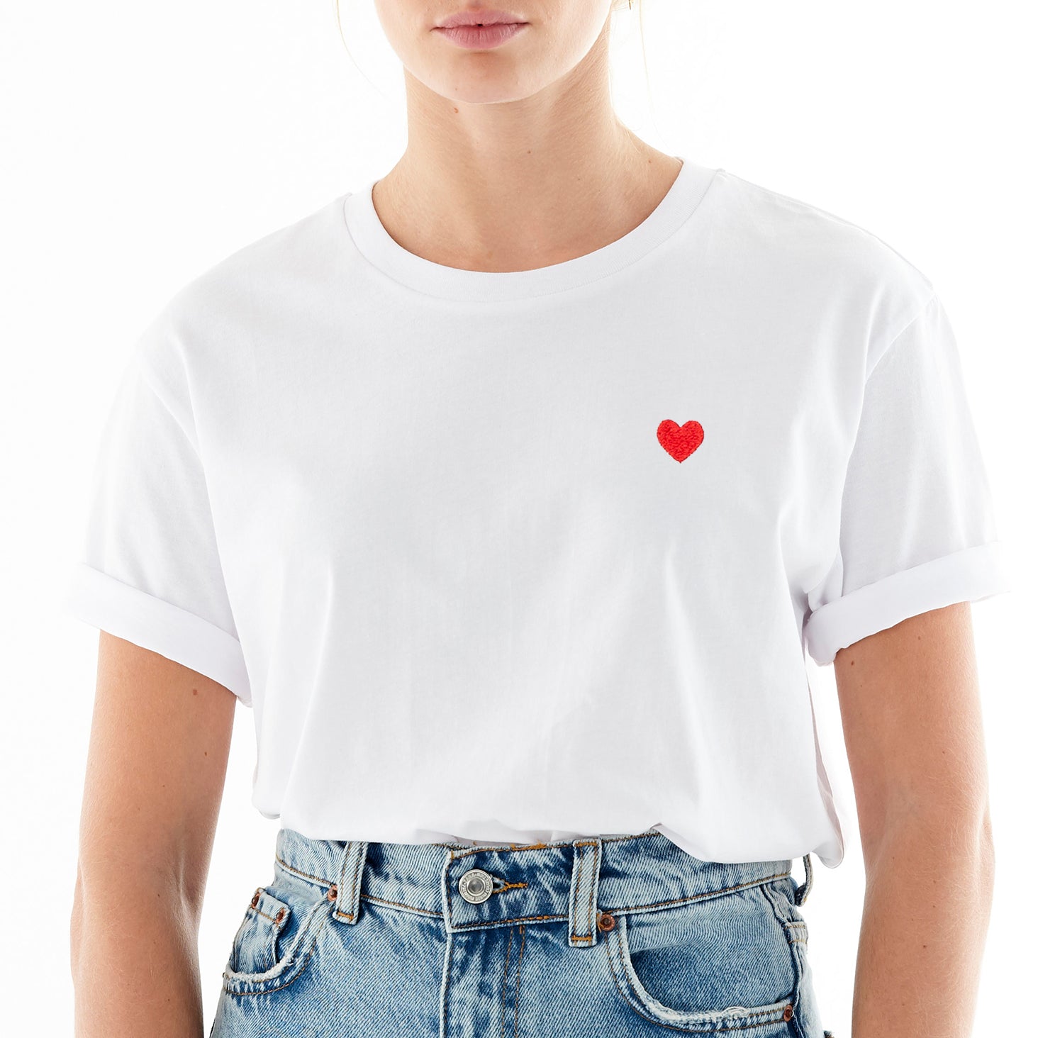 Heart Embroidered White T-Shirt