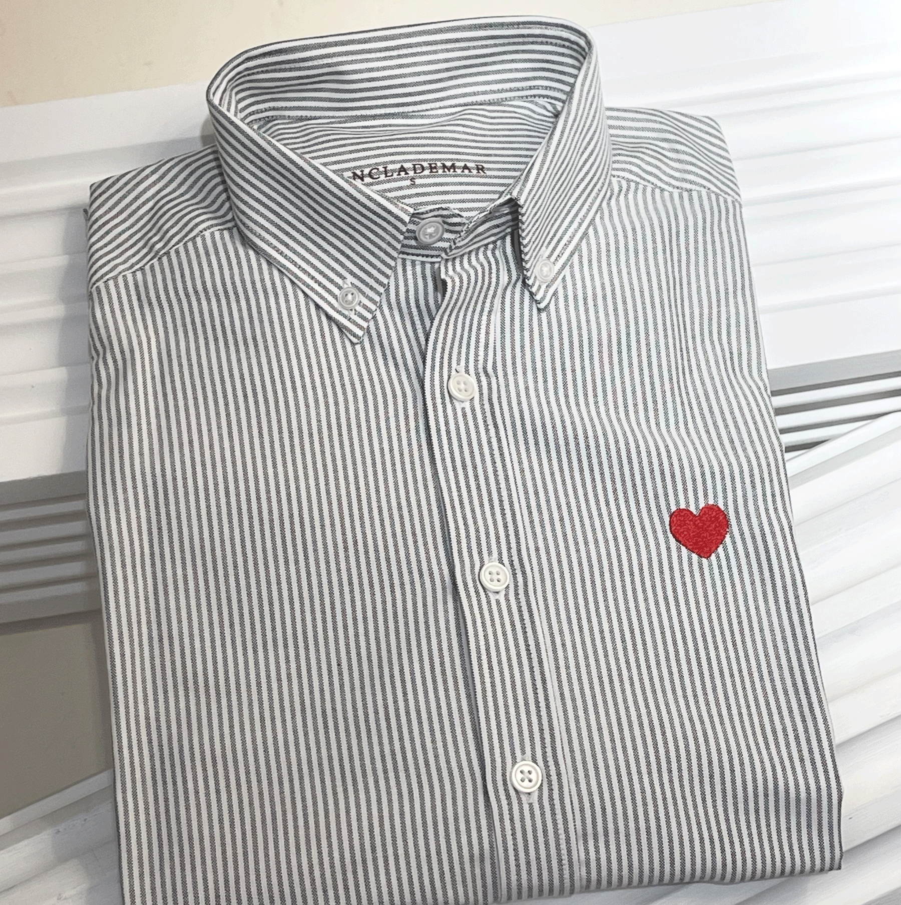 Heart Embroidered Black Stripped Oxford Shirt