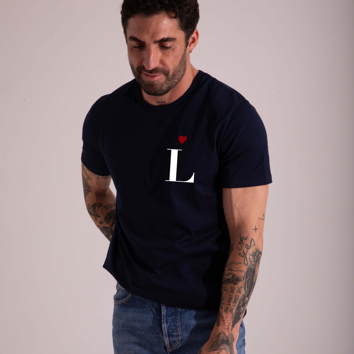 Personalized Heart Embroidered Navy T-Shirt