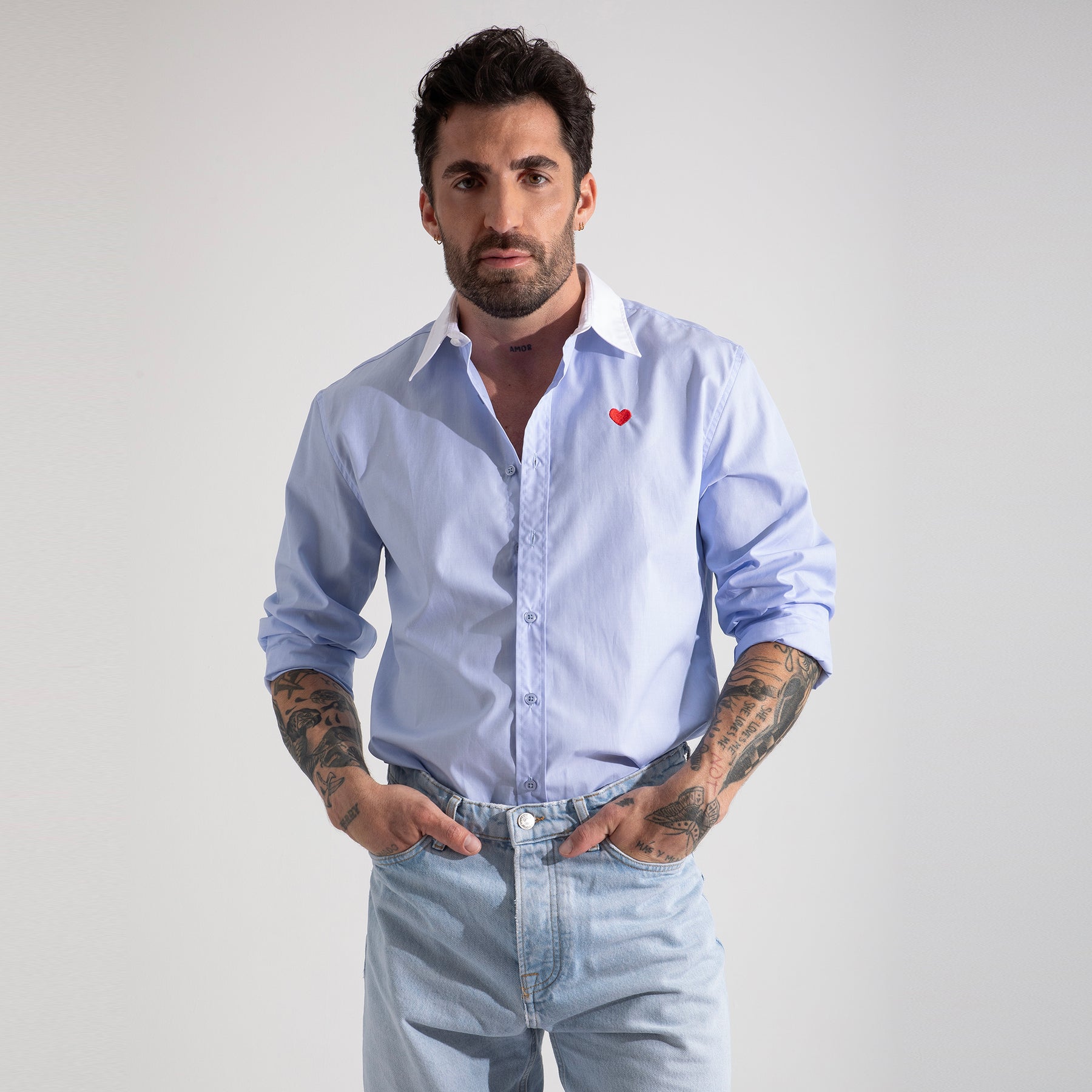 Camisa Popelín Azul Corazón