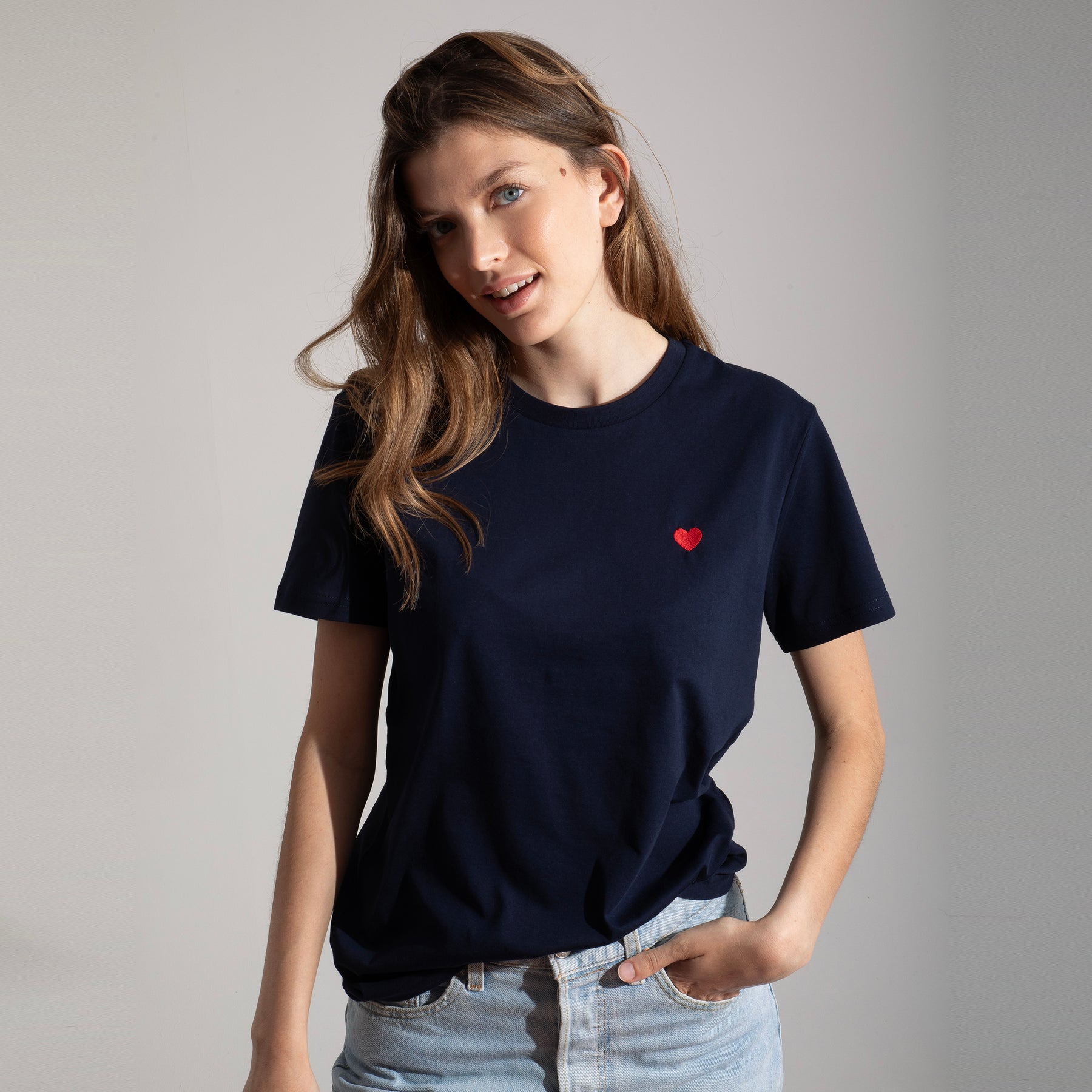 Heart Embroidered Navy T-Shirt