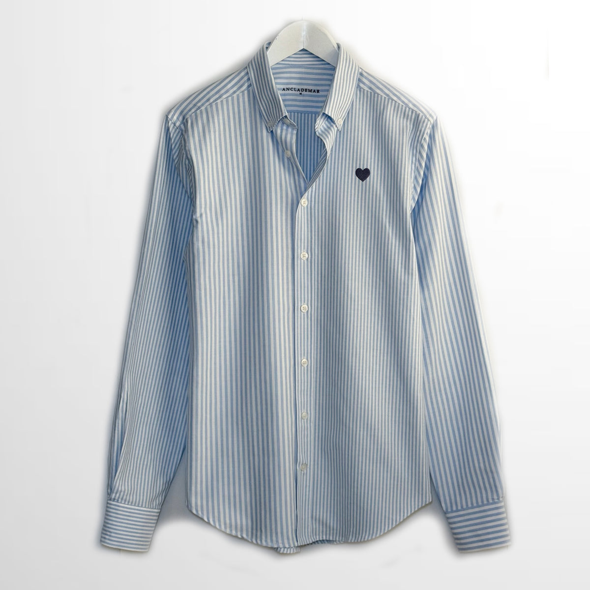 Blue Stripes Patchwork Oxford Shirt. Heart Embroidered