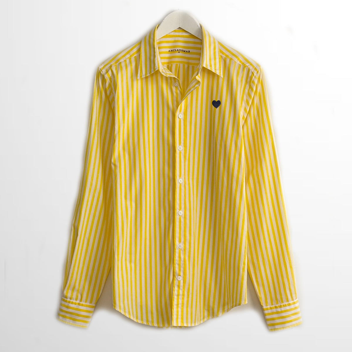 Poplin Shirt Yellow Stripes. Heart Embroidered