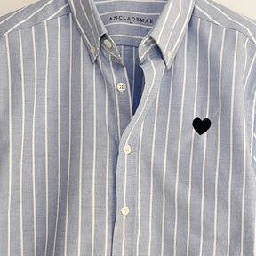 Heart Embroidered Blue Striped Oxford Shirt