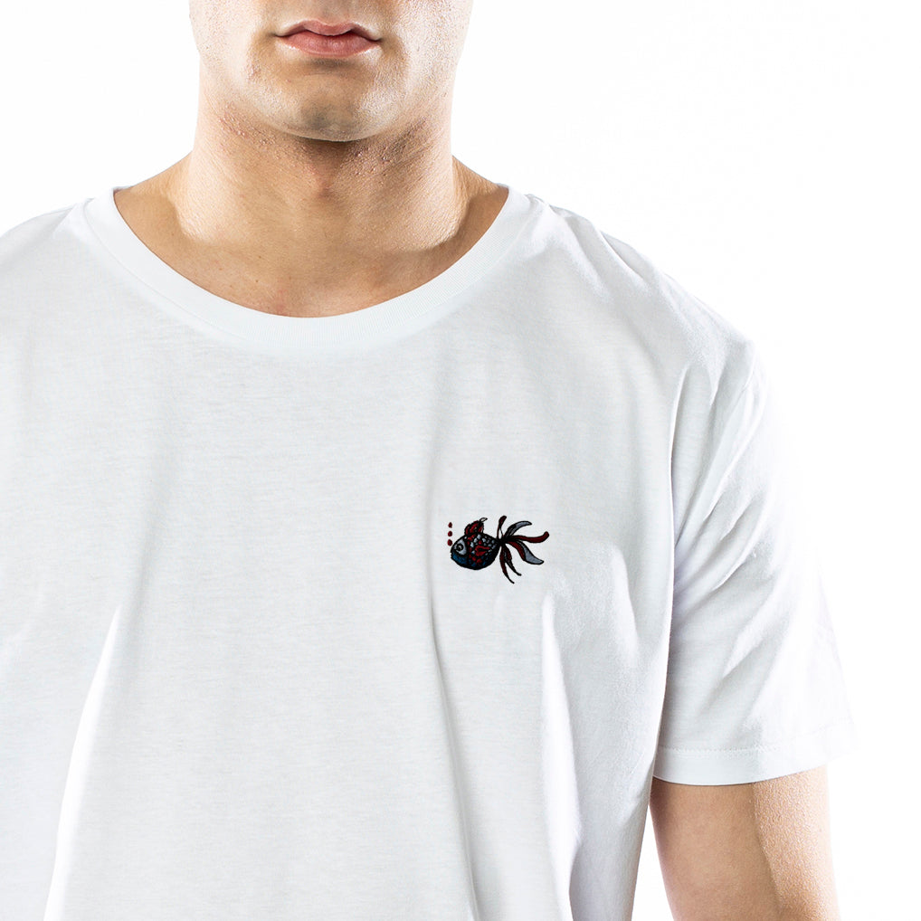 White T-Shirt. Embroidered Fish