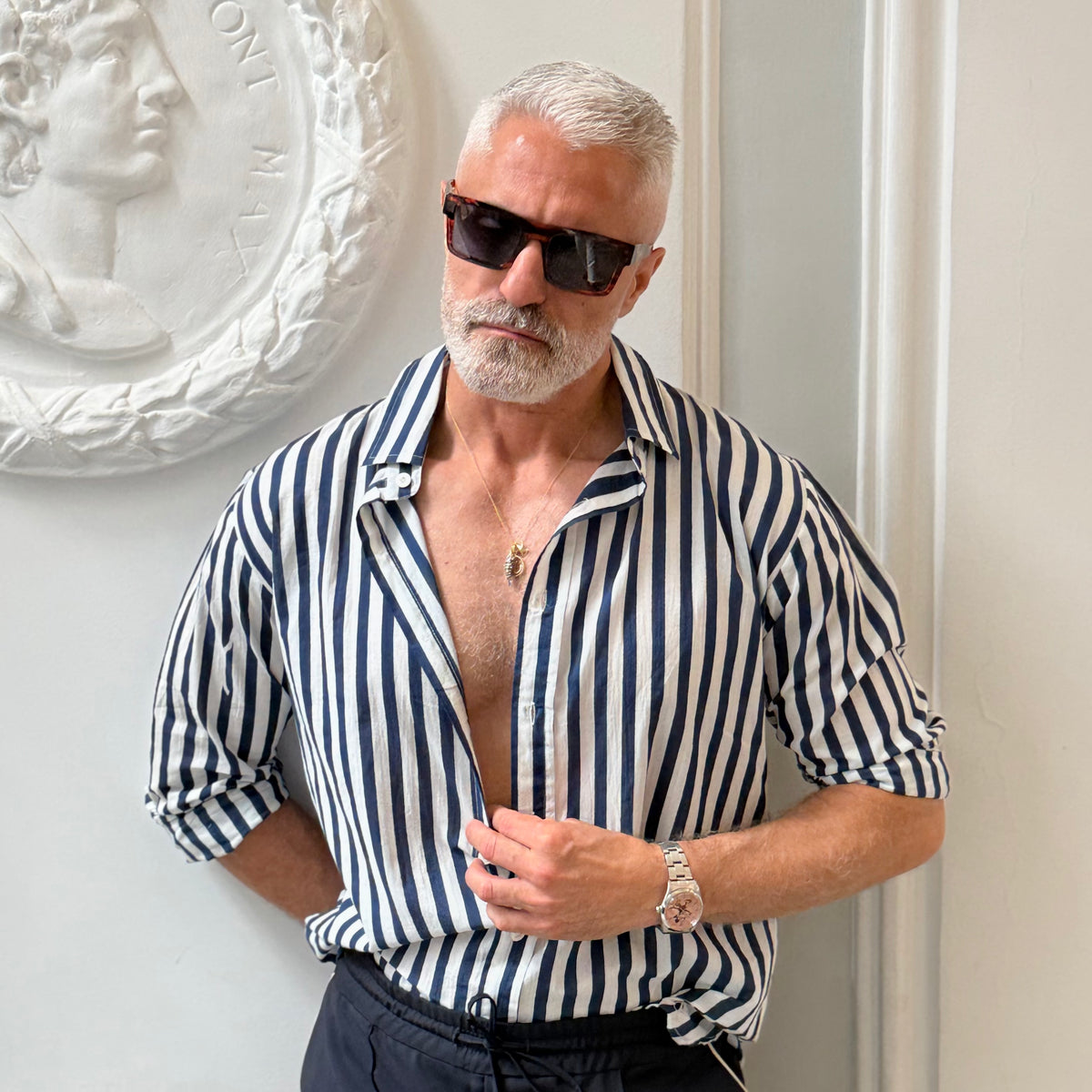 Camisa Algodón Ultra Ligero Rayas Navy