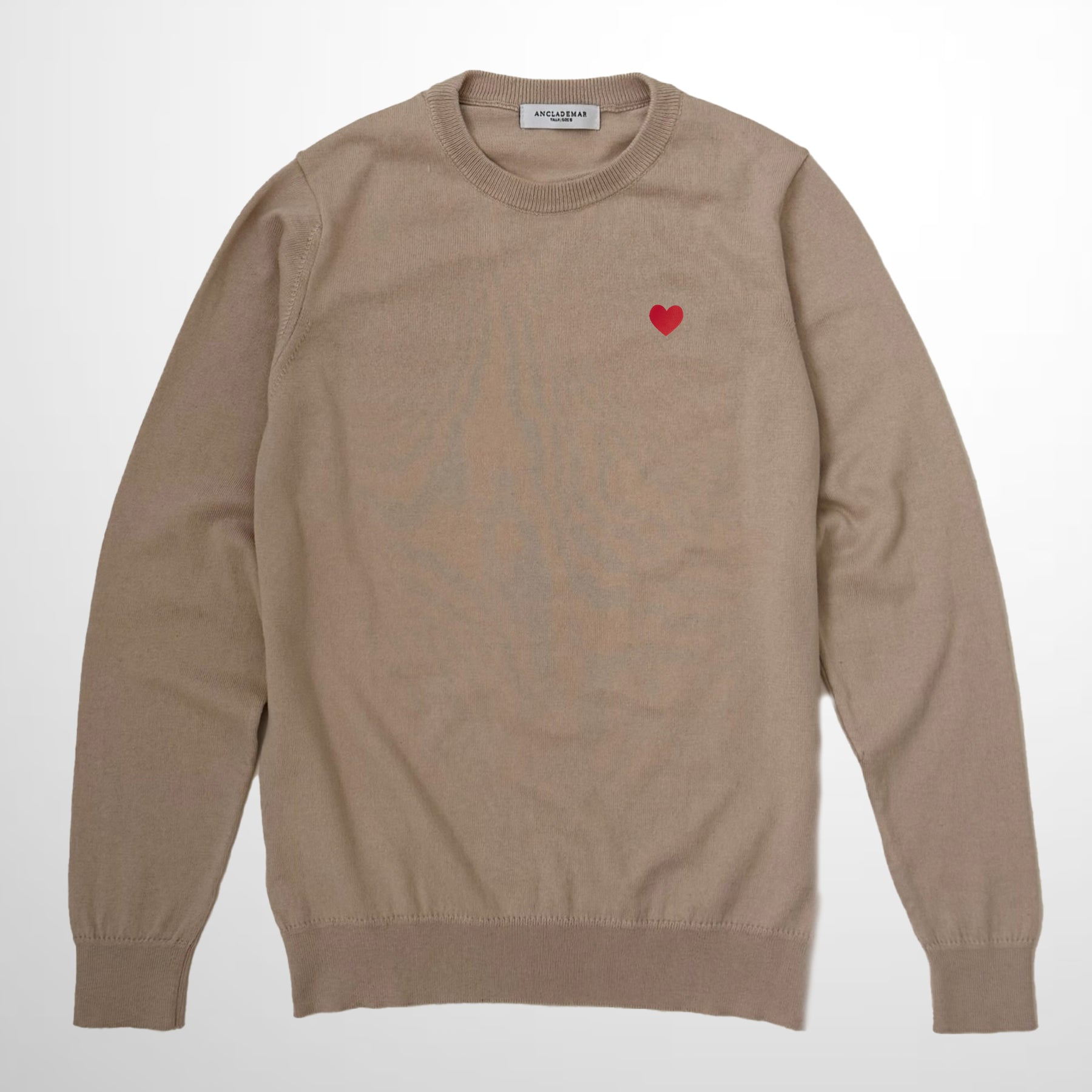 Camel Cotton Wool Sweater. Heart Embroidered