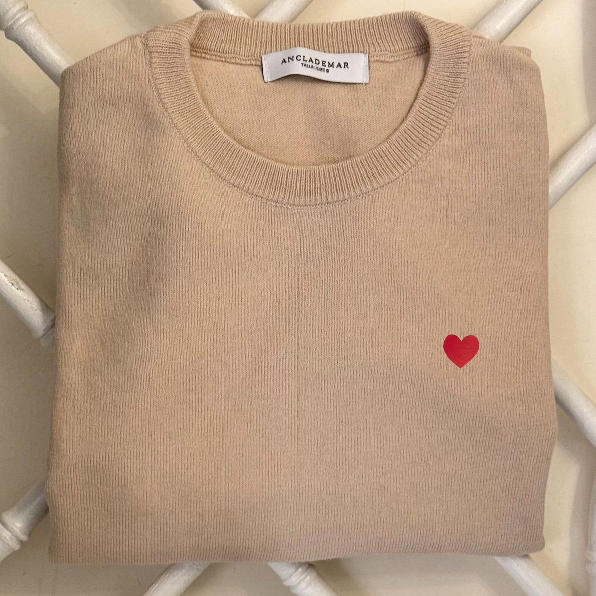 Camel Cotton Wool Sweater. Heart Embroidered