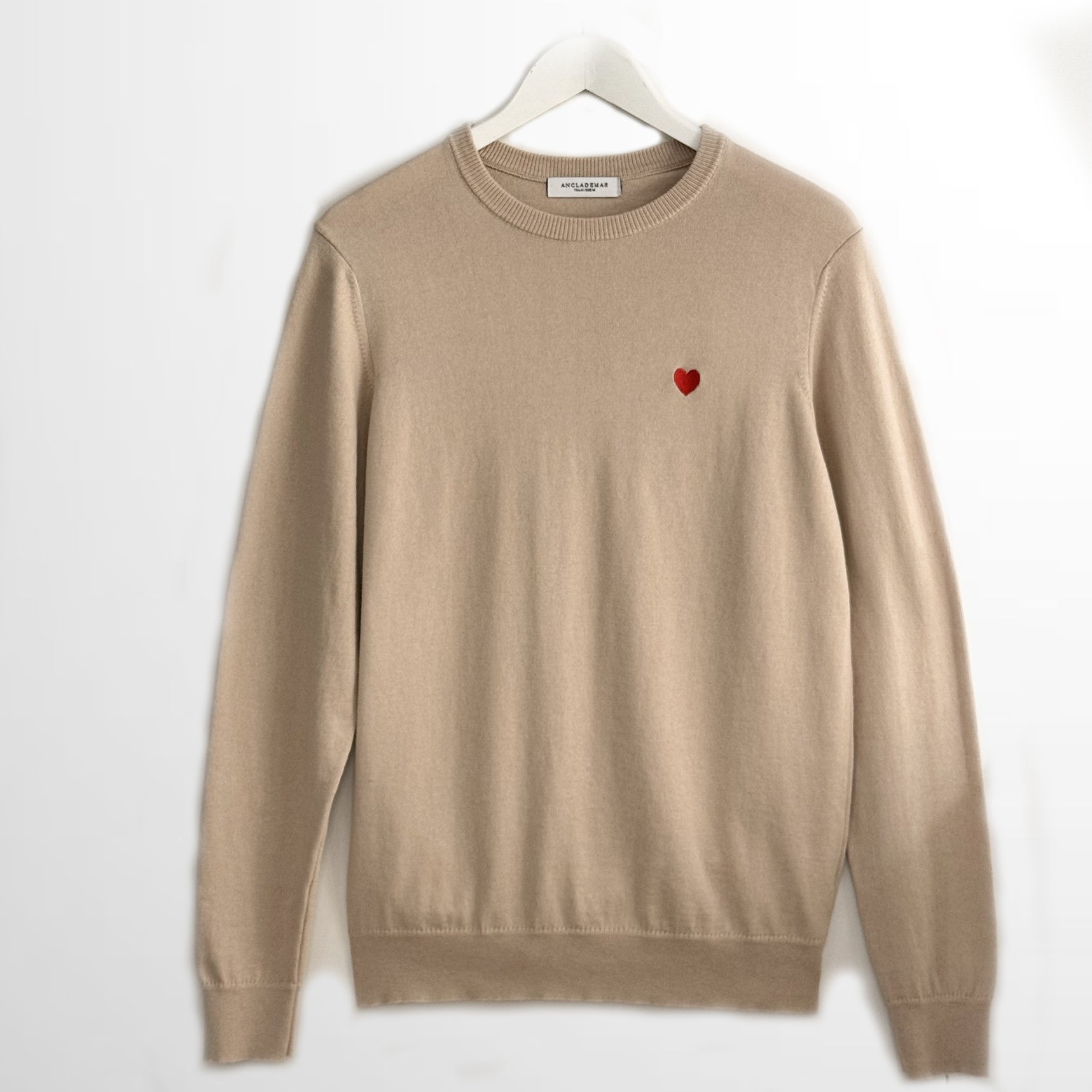 Camel Cotton Wool Sweater. Heart Embroidered