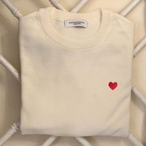 White Cotton Wool Sweater. Heart Embroidered