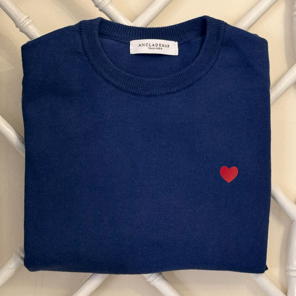 Navy Cotton Wool Sweater. Heart Embroidered