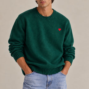 Merino Wool Seater Green. Heart Embroidered