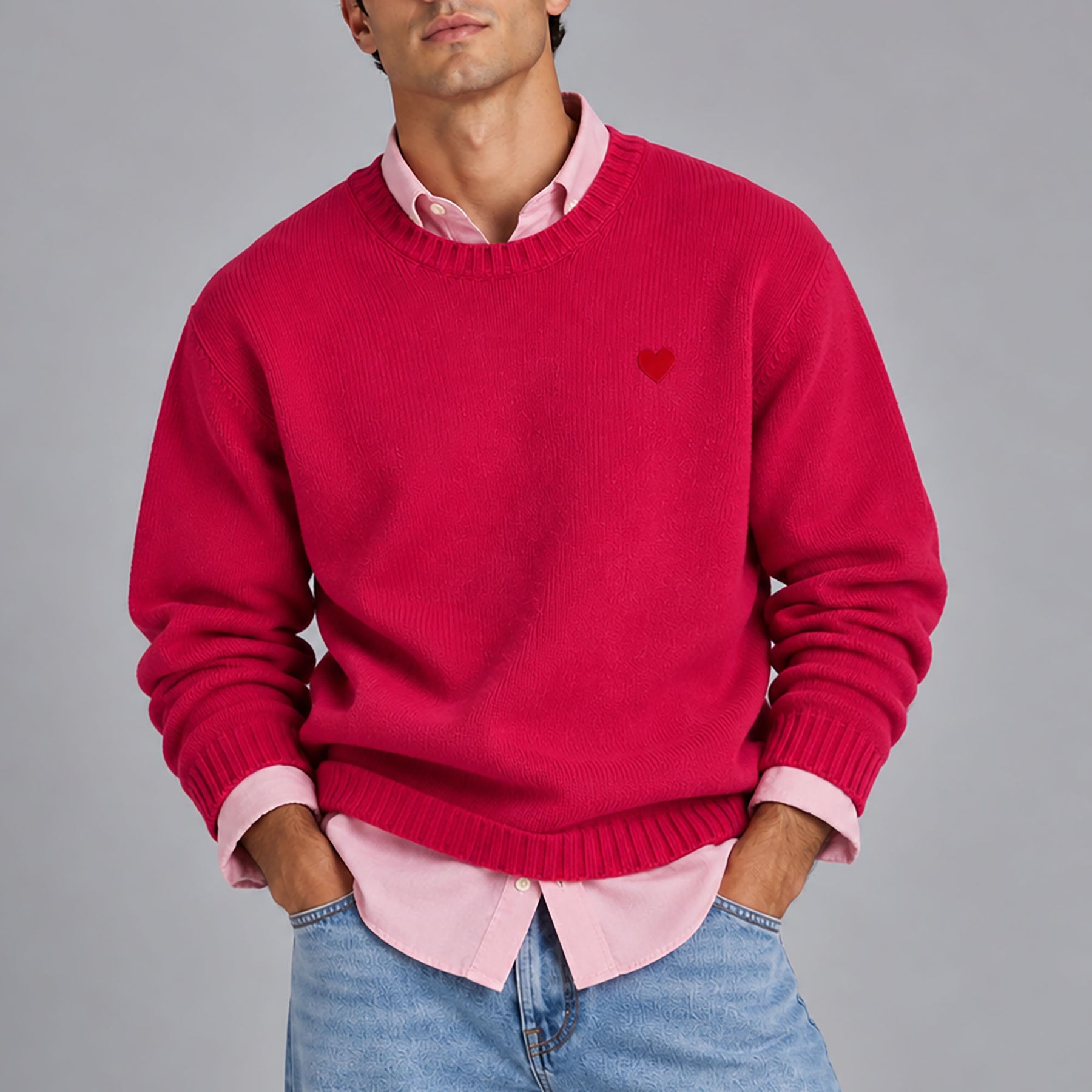 Unisex 100% Wool Sweater | Pink. Heart Embroidered