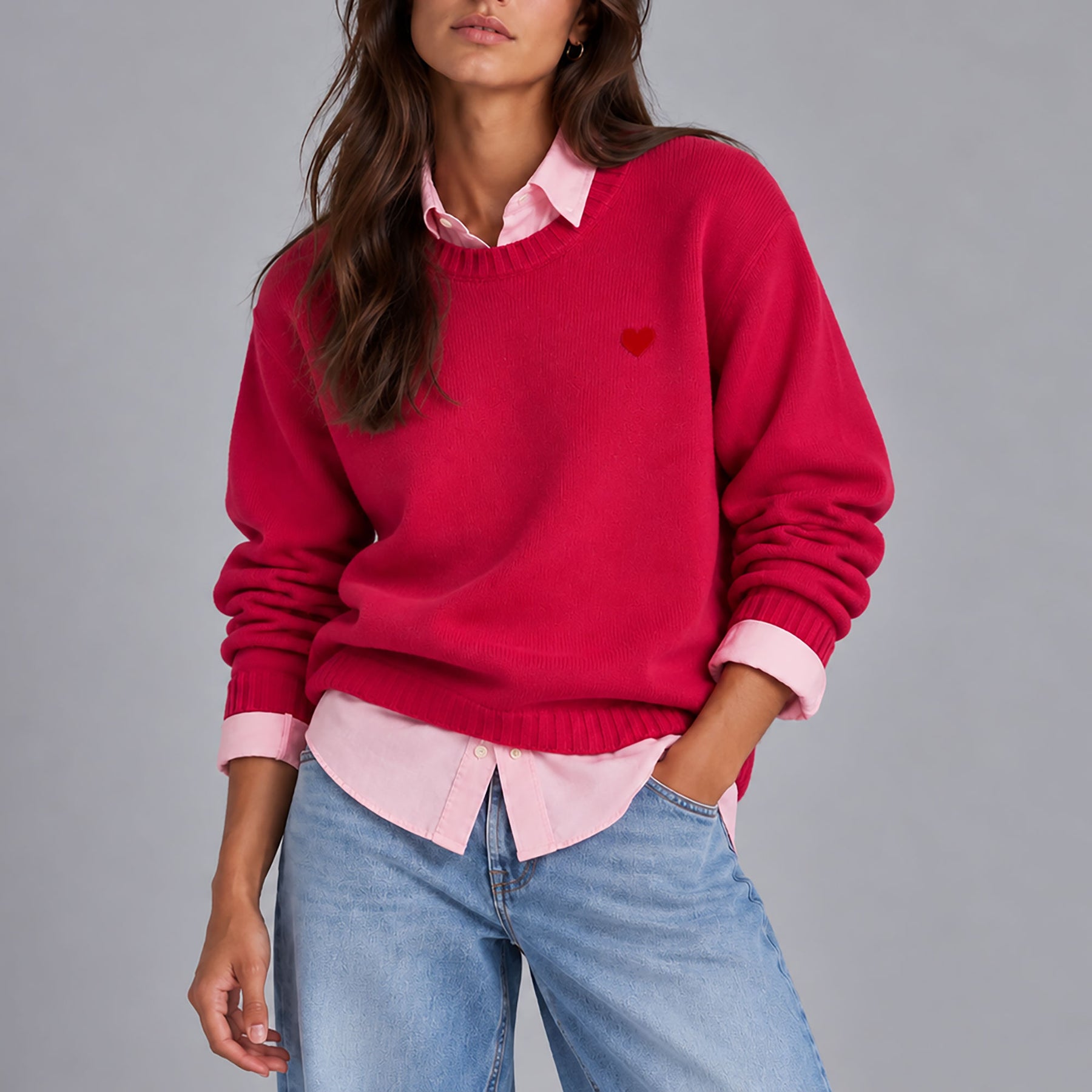 Unisex 100% Wool Sweater | Pink. Heart Embroidered