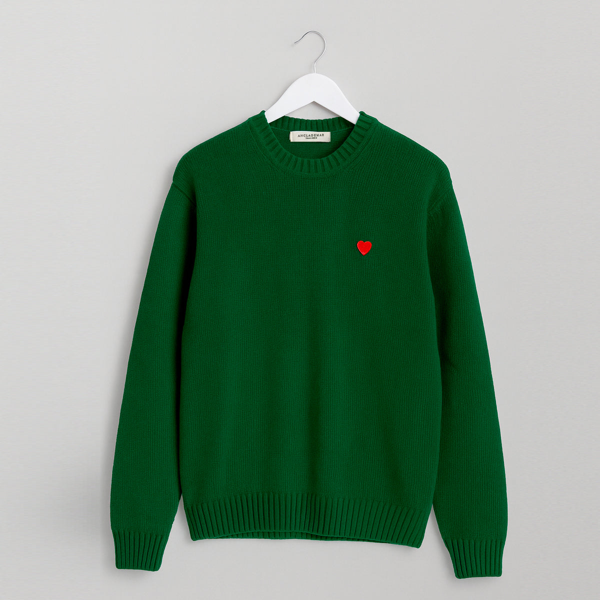 Merino Wool Seater Green. Heart Embroidered