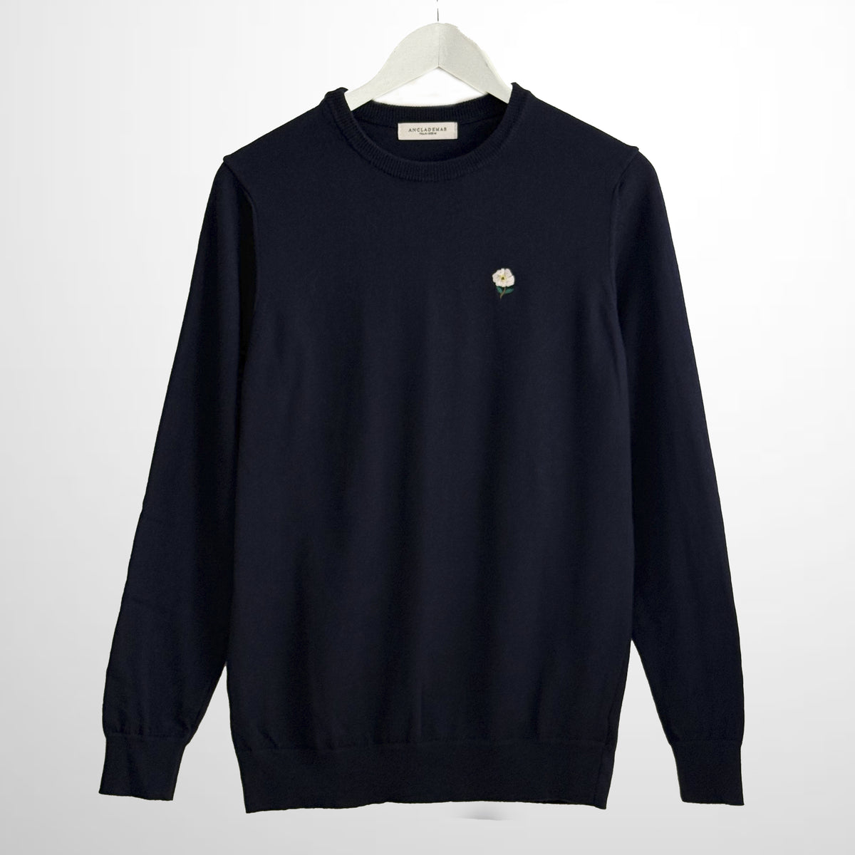 Navy Cotton Wool Sweater. Flower Embroidered