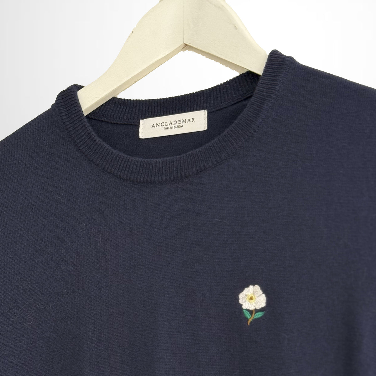 Navy Cotton Wool Sweater. Flower Embroidered