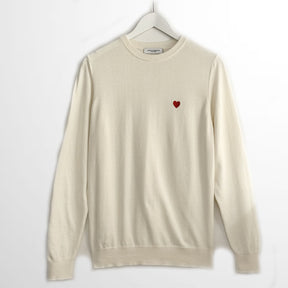 White Cotton Wool Sweater. Heart Embroidered