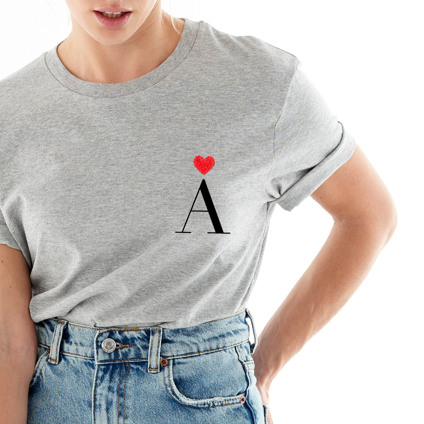 Personalized Heart Embroidered Grey T-Shirt